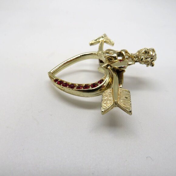 Valentine Brooch Cupid Heart Arrow Gold Tone Pin Red Rhinestones Love - Picture 6 of 12